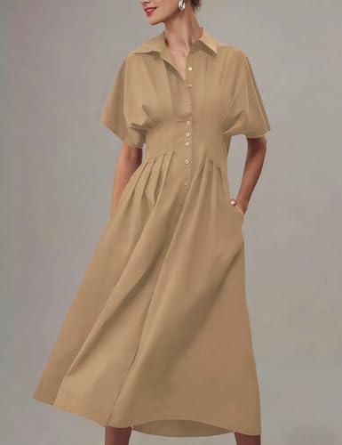 Yeokou Shirt Dress for Women Summer Casual Short Sleeve Button Down Loose Pleated Maxi Sundress with Pockets (Khaki-S) - Image 2