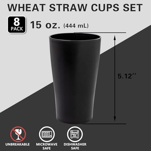 ejonirinjonir EI 15oz Black Wheat Straw Cups Set of 8Drinking GlassesReusable Plastic CupsUnbreakable Cups for KitchenSuitable for Dinner on Picnic Outdoor Activities Dormitory - Image 3