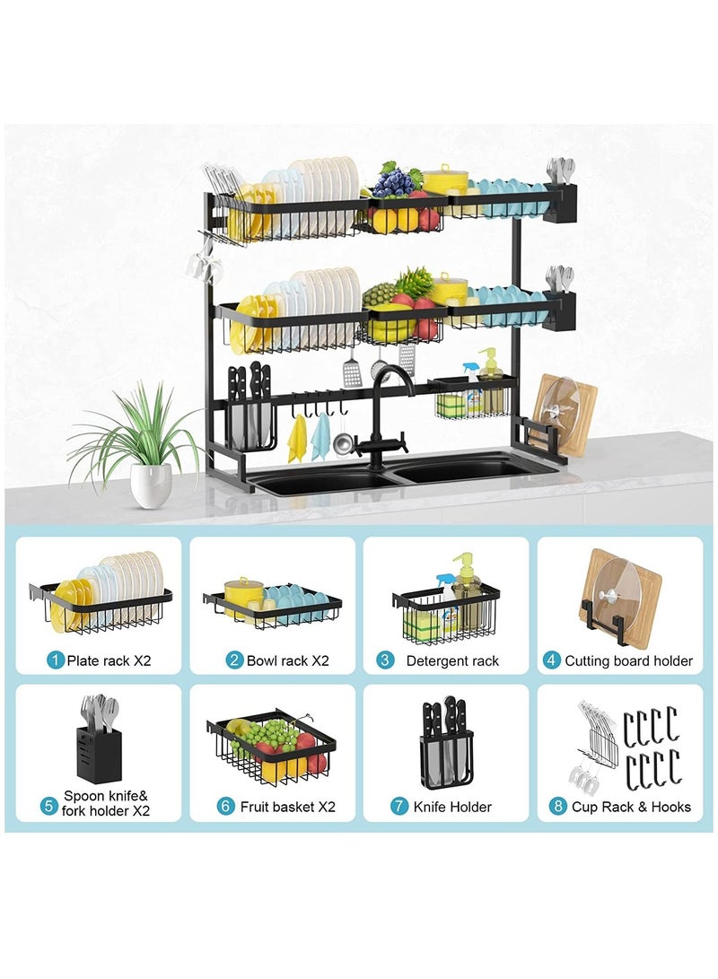 DubaiGallery حامل أطباق مطبخ من الفولاذ المقاوم للصدأ 3 طبقات فوق الحوض منظم تخزين قابل للتوسيع لتجفيف الأطباق وحامل سكاكين وشوك - Image 3