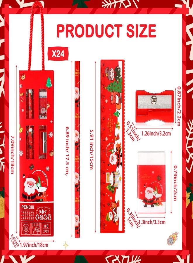 Nezyo 24 Set Christmas Stationery Party Favors, Christmas Gifts Goodie Bags Xmas Gifts for Stockings Stuffers 5 in 1 Pencil Ruler Eraser Pencil Sharpener(Red) - Image 2