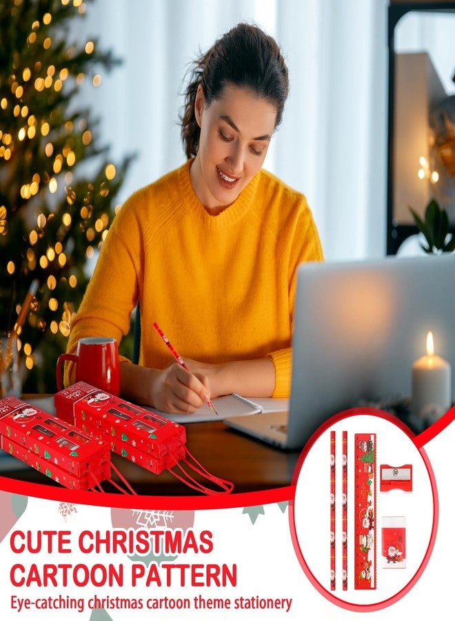Nezyo 24 Set Christmas Stationery Party Favors, Christmas Gifts Goodie Bags Xmas Gifts for Stockings Stuffers 5 in 1 Pencil Ruler Eraser Pencil Sharpener(Red) - Image 5