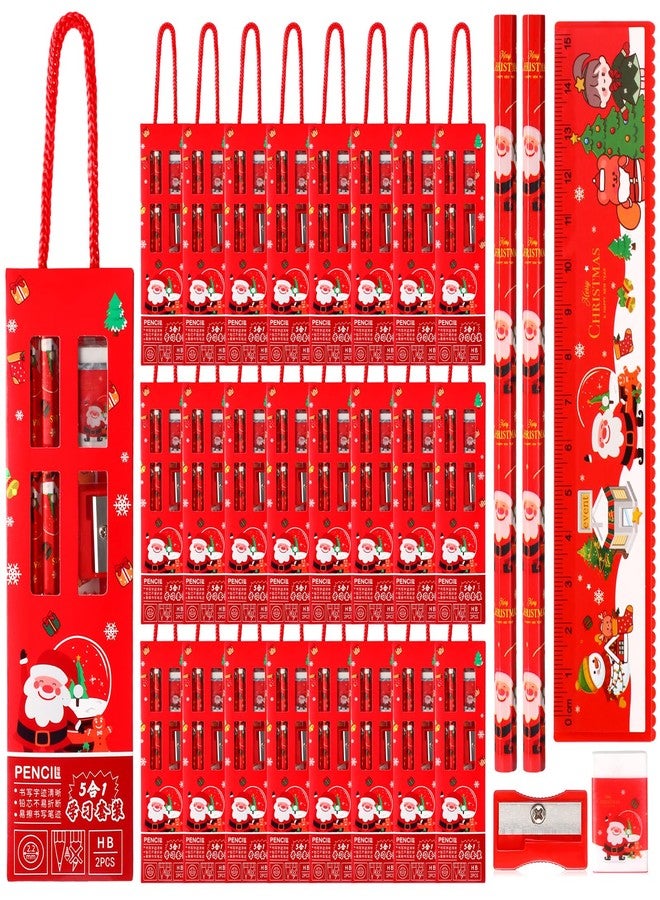 Nezyo 24 Set Christmas Stationery Party Favors, Christmas Gifts Goodie Bags Xmas Gifts for Stockings Stuffers 5 in 1 Pencil Ruler Eraser Pencil Sharpener(Red) - Image 1