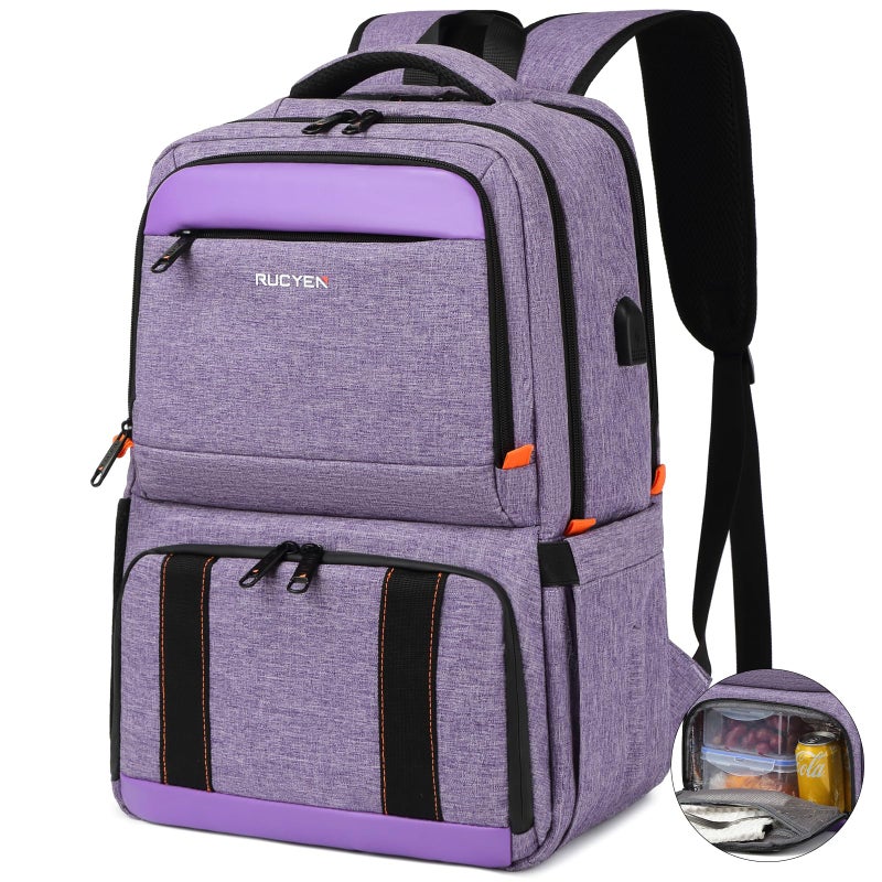 RUCYEN Lunch Backpack, Insulated Cooler Backpack Lunch Box for Women, 15.6 Inch RFID Blocking Laptop Backpack with USB Port, for Work Travel Picnics Hiking Purple - Image 1