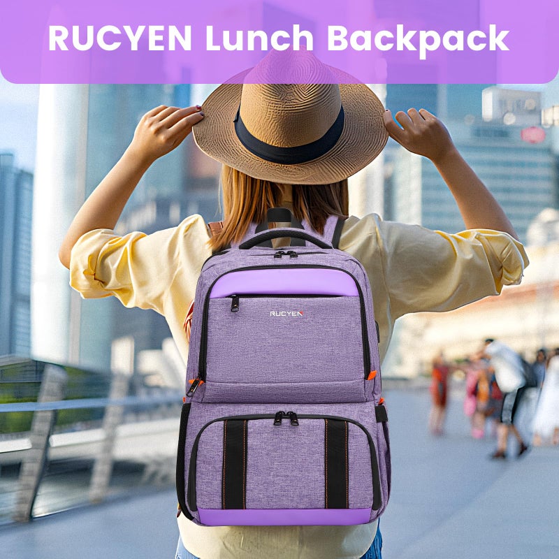 RUCYEN Lunch Backpack, Insulated Cooler Backpack Lunch Box for Women, 15.6 Inch RFID Blocking Laptop Backpack with USB Port, for Work Travel Picnics Hiking Purple - Image 5