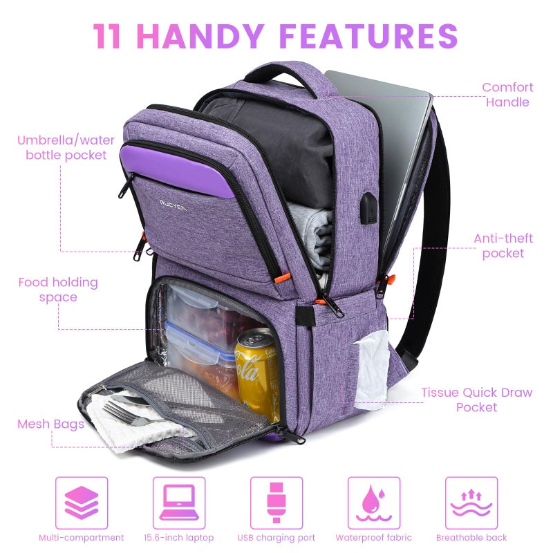 RUCYEN Lunch Backpack, Insulated Cooler Backpack Lunch Box for Women, 15.6 Inch RFID Blocking Laptop Backpack with USB Port, for Work Travel Picnics Hiking Purple - Image 2