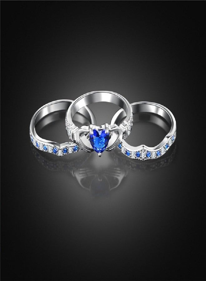 يولوفيدو طقم خواتم Uloveido Blue Heart Irish Claddagh Celtic Knot Eternity - طقم خواتم قابلة للتكديس من 3 قطع، خاتم الصداقة والحب على شكل قلب Claddagh HR314 (مقاس 10) - Image 4