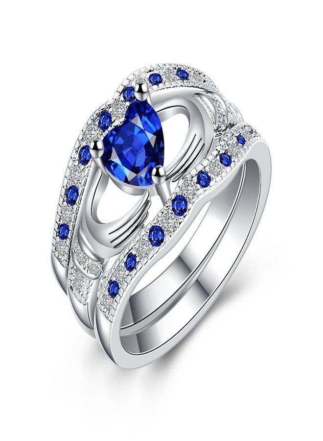 يولوفيدو طقم خواتم Uloveido Blue Heart Irish Claddagh Celtic Knot Eternity - طقم خواتم قابلة للتكديس من 3 قطع، خاتم الصداقة والحب على شكل قلب Claddagh HR314 (مقاس 10) - Image 1