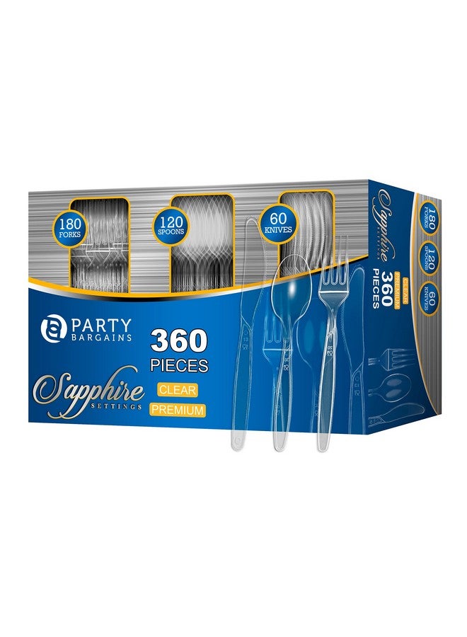 Party Bargains مجموعة أدوات المائدة القابلة للاستخدام لمرة واحدة من بارغينز للحفلات، تصميم سافير، لون شفاف، 360 قطعة: 180 شوكة، 120 ملعقة، 60 سكين - Image 1