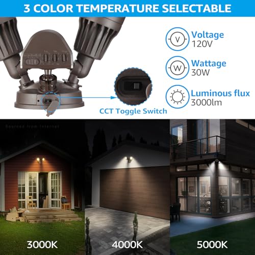 LEONLITE 3CCT LED Security Light, Motion Sensor Flood Lights Outdoor, Aluminum, 3 Modes Motion Detector+Dusk to Dawn+Switch Control, 3000K/4000K/5000K Selectable, IP65, Adjustable 2-Head, ETL, Bronze - Image 2