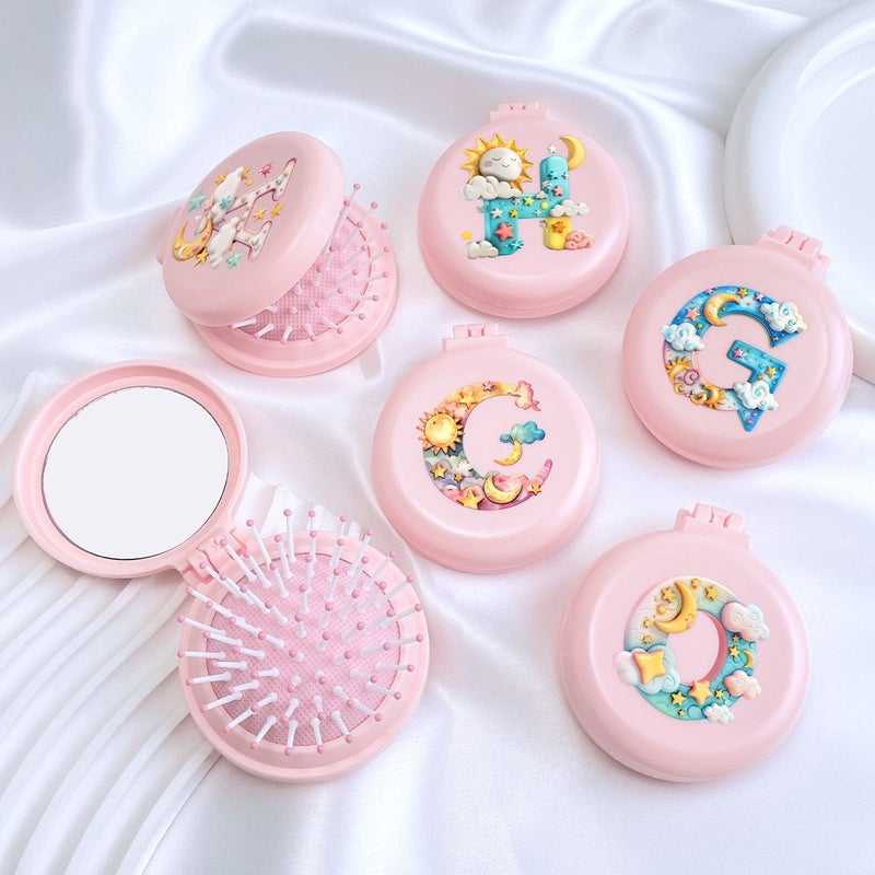 Designer Round Beige Compact Comb With Mirror Featuring 26 Creative Fashion Letter Patterns Portable Two In One Mini Makeup Mirror And Comb Foldable Air Cushion Massage Comb Model S For Women - Image 1