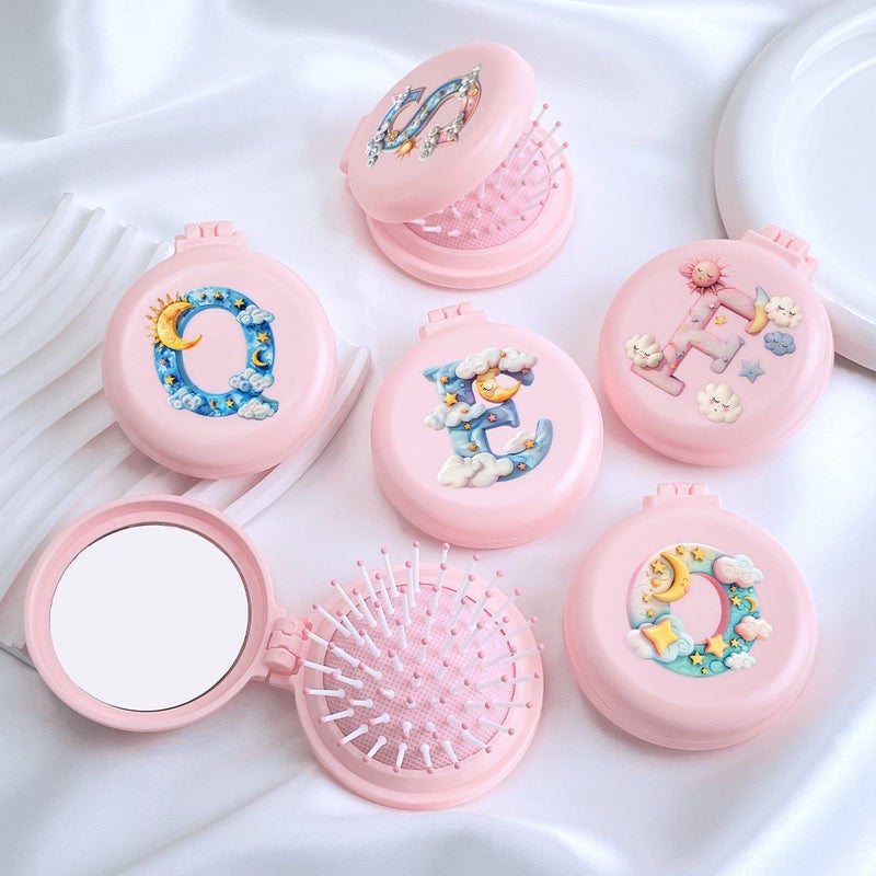 Designer Round Beige Compact Comb With Mirror Featuring 26 Creative Fashion Letter Patterns Portable Two In One Mini Makeup Mirror And Comb Foldable Air Cushion Massage Comb Model S For Women - Image 5
