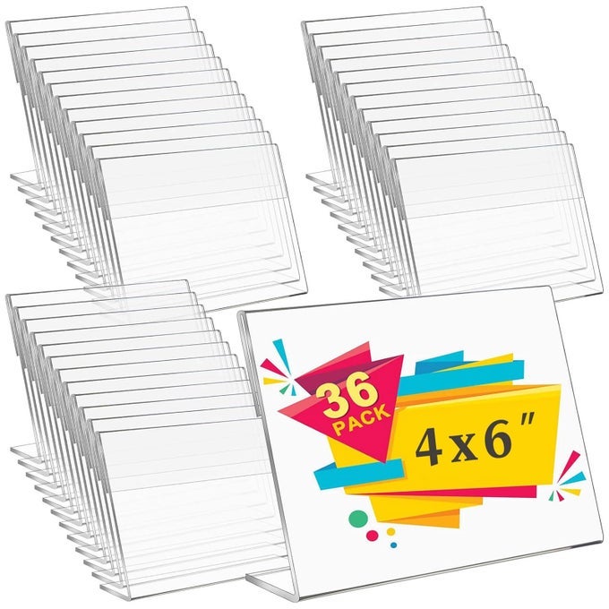 36 COUNT ACRYLIC PICTURE FRAMES 6 X 4 INCH HORIZONTAL SLANTED SIGN HOLDERS CLEAR ACRYLIC PHOTO FRAME SLANTED BACK PLASTIC PICTURE SELF STANDING PHOTO SIGN FOR HOME TABLE OFFICE DESK BEDROOM