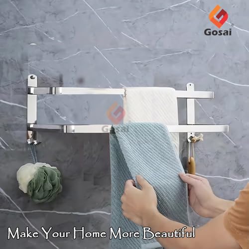 GOSAI Self Adhesive Towel Rack Bathroom Accessories Stainless Steel 2 Layer Towel Rack | Bathroom Organizer Without Drill | Towel Rail Towel Hanger for Kitchen Towel Stand with Hook (Silver,16 inch) - Image 2