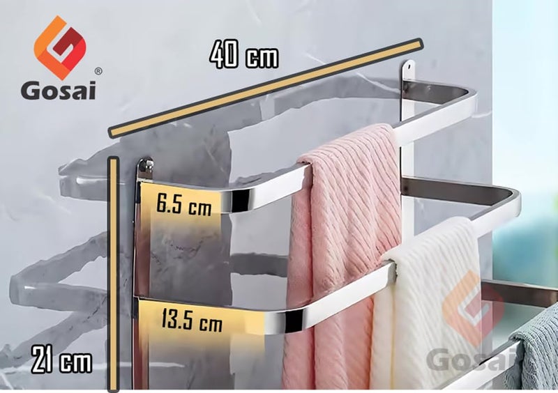 GOSAI Self Adhesive Towel Rack Bathroom Accessories Stainless Steel 2 Layer Towel Rack | Bathroom Organizer Without Drill | Towel Rail Towel Hanger for Kitchen Towel Stand with Hook (Silver,16 inch) - Image 4