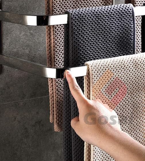 GOSAI Self Adhesive Towel Rack Bathroom Accessories Stainless Steel 2 Layer Towel Rack | Bathroom Organizer Without Drill | Towel Rail Towel Hanger for Kitchen Towel Stand with Hook (Silver,16 inch) - Image 3