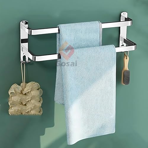 GOSAI Self Adhesive Towel Rack Bathroom Accessories Stainless Steel 2 Layer Towel Rack | Bathroom Organizer Without Drill | Towel Rail Towel Hanger for Kitchen Towel Stand with Hook (Silver,16 inch) - Image 1