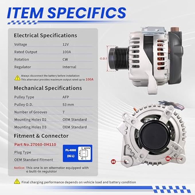 TSSLIIN High Output Alternator For/Toyota Camry 2007-2009, Corolla 2009-2010, Matrix 2009-2013 For/Pontiac Vibe 2009-2010 For/Scion xB, L4 2.4L, Upgraded 100A 12V CW 7-Groove 27060-0H110 VND0396 - Image 3