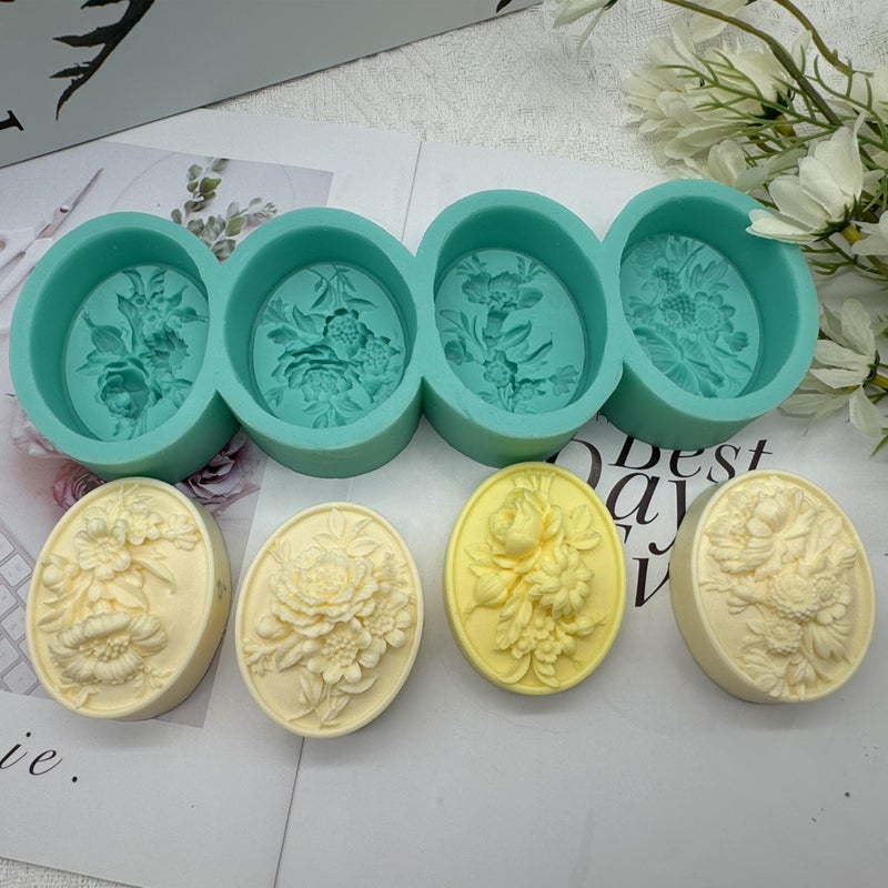 iBest 4 Cavities Oval Flower Soap Mold Candle Wax Chocolate Cake Molds,Decorated Epoxy Resin Aroma Plaster Craft Silicone Mould, Flower Silicone Mold for Soap Making - Image 3