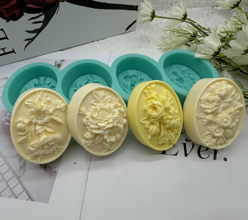 iBest 4 Cavities Oval Flower Soap Mold Candle Wax Chocolate Cake Molds,Decorated Epoxy Resin Aroma Plaster Craft Silicone Mould, Flower Silicone Mold for Soap Making - Image 4