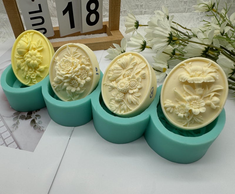 iBest 4 Cavities Oval Flower Soap Mold Candle Wax Chocolate Cake Molds,Decorated Epoxy Resin Aroma Plaster Craft Silicone Mould, Flower Silicone Mold for Soap Making - Image 5