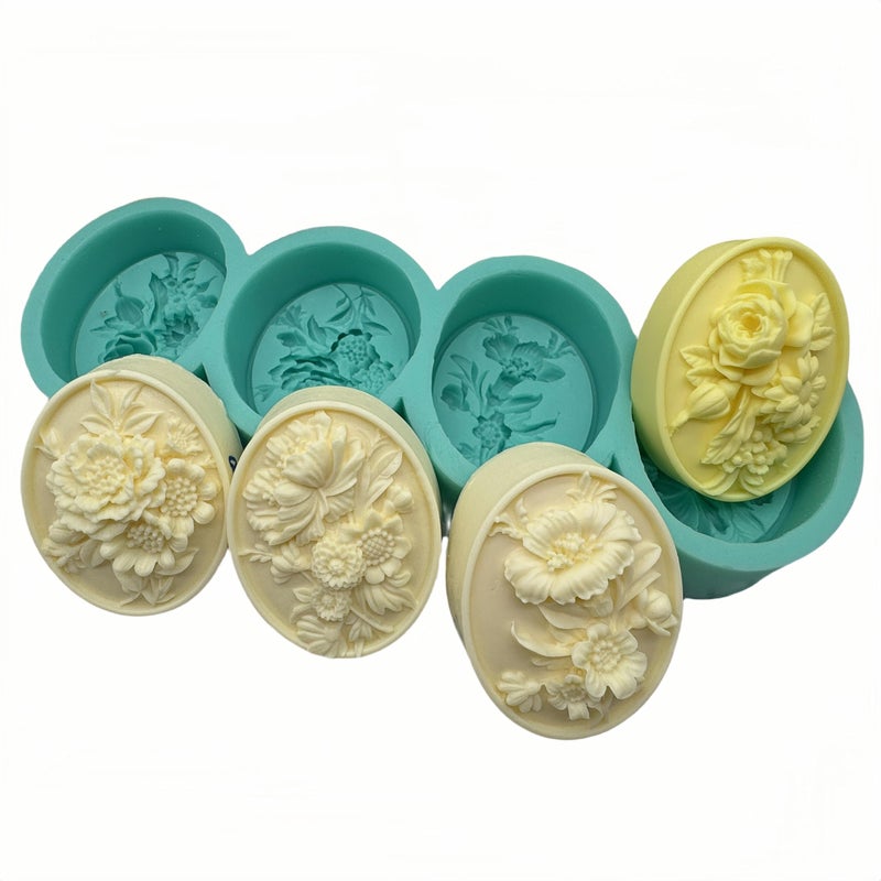 iBest 4 Cavities Oval Flower Soap Mold Candle Wax Chocolate Cake Molds,Decorated Epoxy Resin Aroma Plaster Craft Silicone Mould, Flower Silicone Mold for Soap Making - Image 1