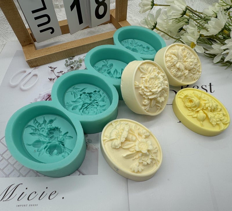 iBest 4 Cavities Oval Flower Soap Mold Candle Wax Chocolate Cake Molds,Decorated Epoxy Resin Aroma Plaster Craft Silicone Mould, Flower Silicone Mold for Soap Making - Image 2