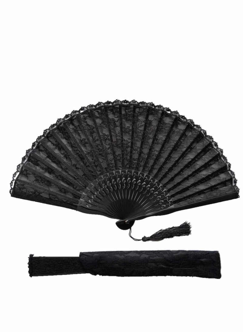 Hand Fan with Frame, Silk Fabric Bamboo Ribs Handheld Folding Wall Decoration Wedding Party, Lace for Women Girls Gifts, Black - Image 1
