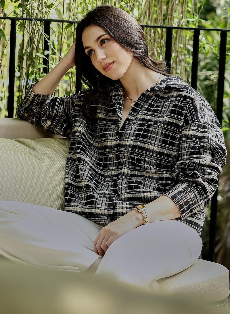 PINACOLADA Women's Midnight Black Static-Plaid Oversized Shirt - Image 1