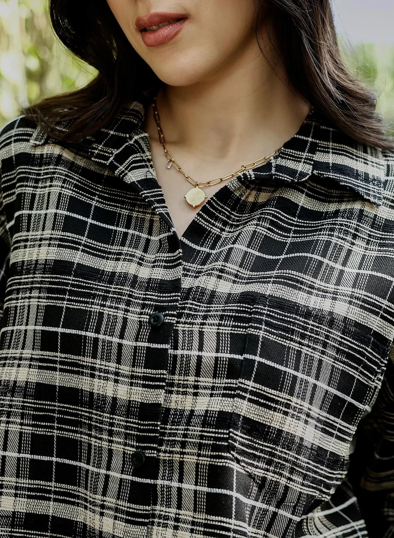PINACOLADA  Women's Midnight Black Static-Plaid Oversized Shirt for Women | Best Price UAE