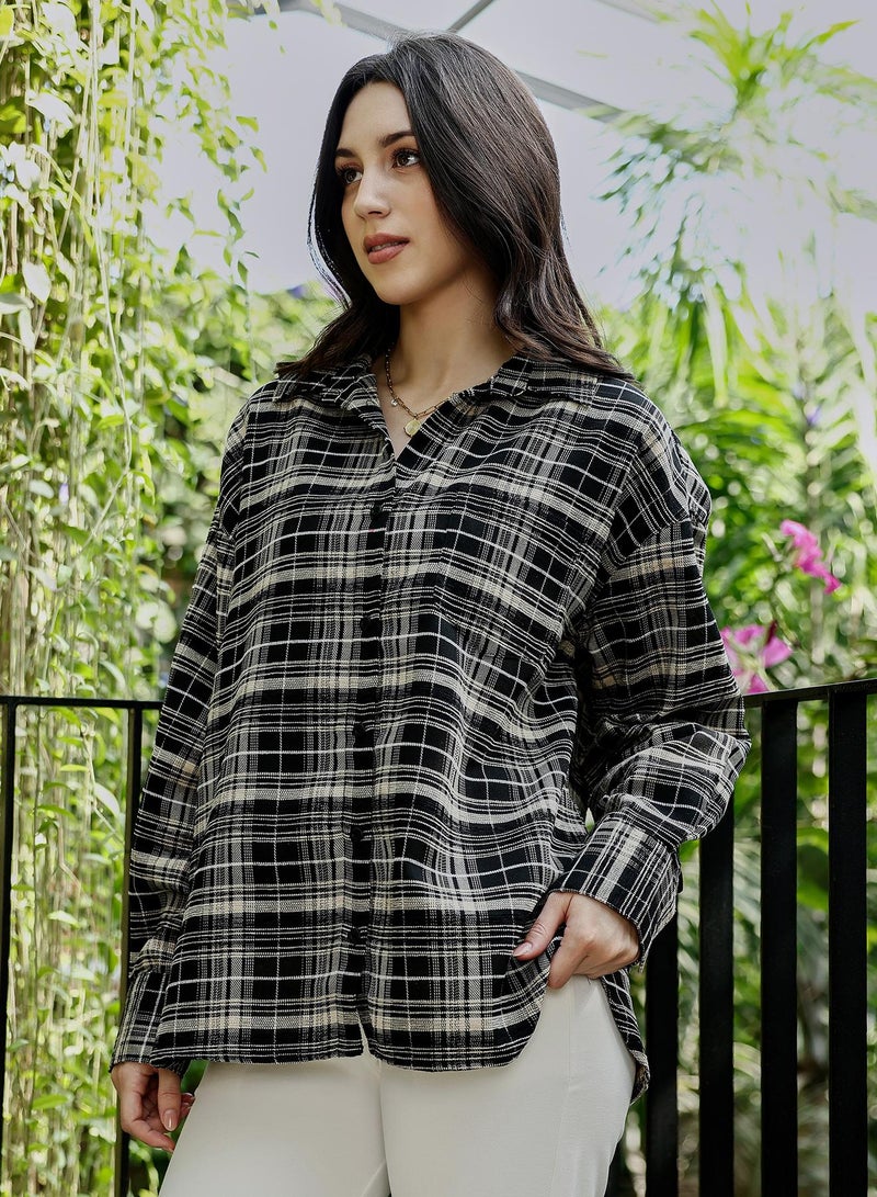 PINACOLADA Women's Midnight Black Static-Plaid Oversized Shirt - Image 3