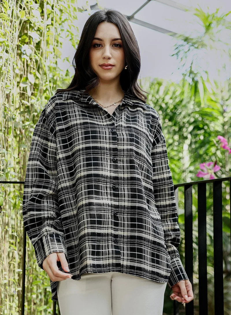 بينيا كولادا Women's Midnight Black Static-Plaid Oversized Shirt