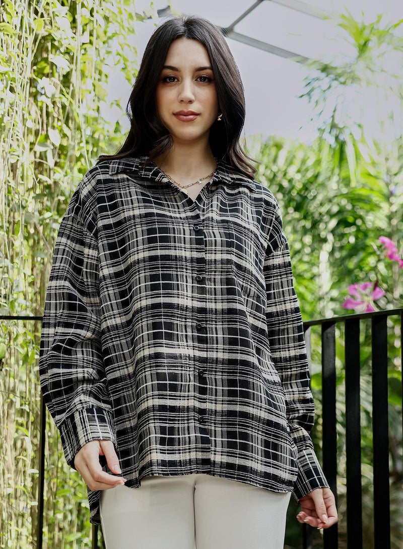 PINACOLADA Women's Midnight Black Static-Plaid Oversized Shirt - Image 2