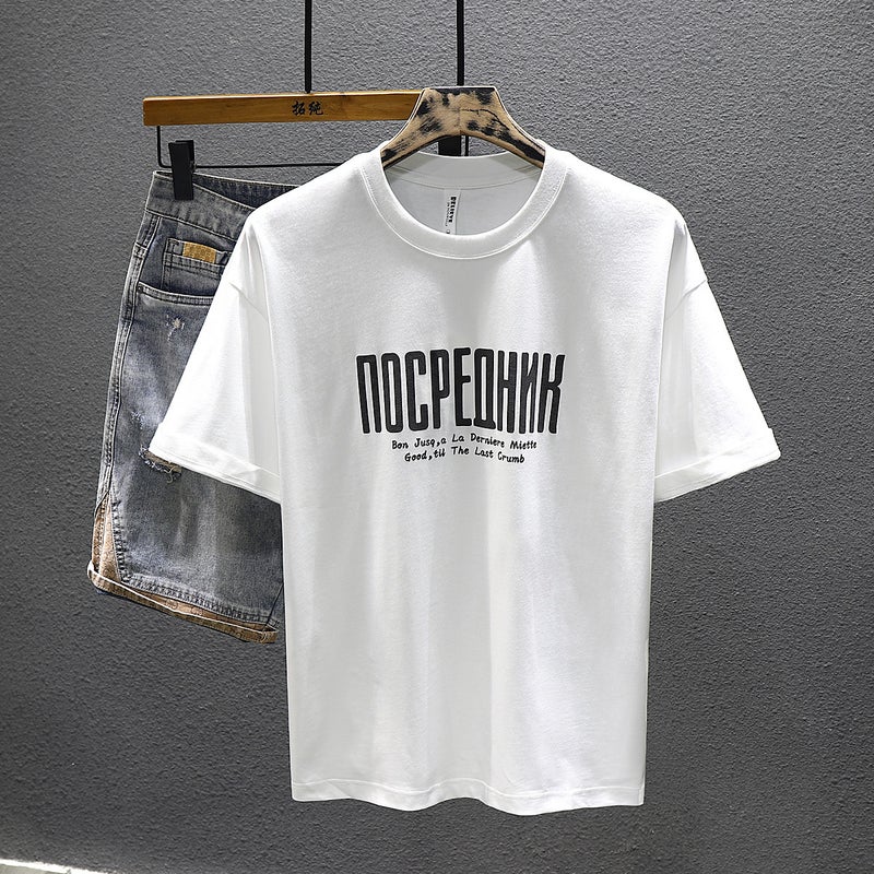 American-Style High-End Printed Short-Sleeved T-Shirt Men'S 2024 Spring New Cotton Loose Casual Round Neck Bottoming T-Shirt - Image 4