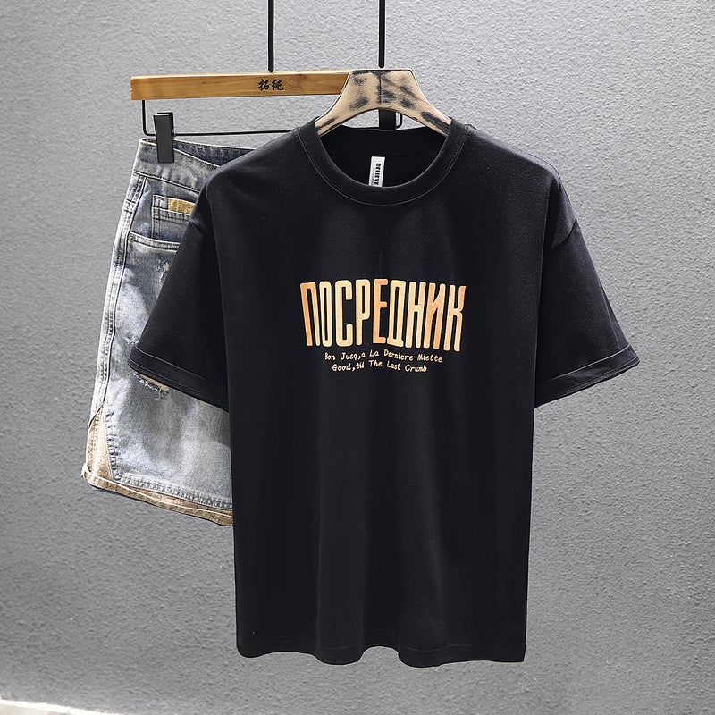 American-Style High-End Printed Short-Sleeved T-Shirt Men'S 2024 Spring New Cotton Loose Casual Round Neck Bottoming T-Shirt - Image 1