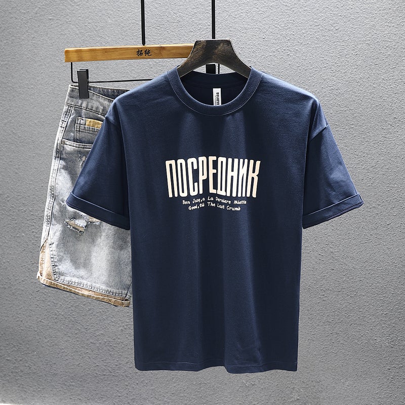American-Style High-End Printed Short-Sleeved T-Shirt Men'S 2024 Spring New Cotton Loose Casual Round Neck Bottoming T-Shirt - Image 5