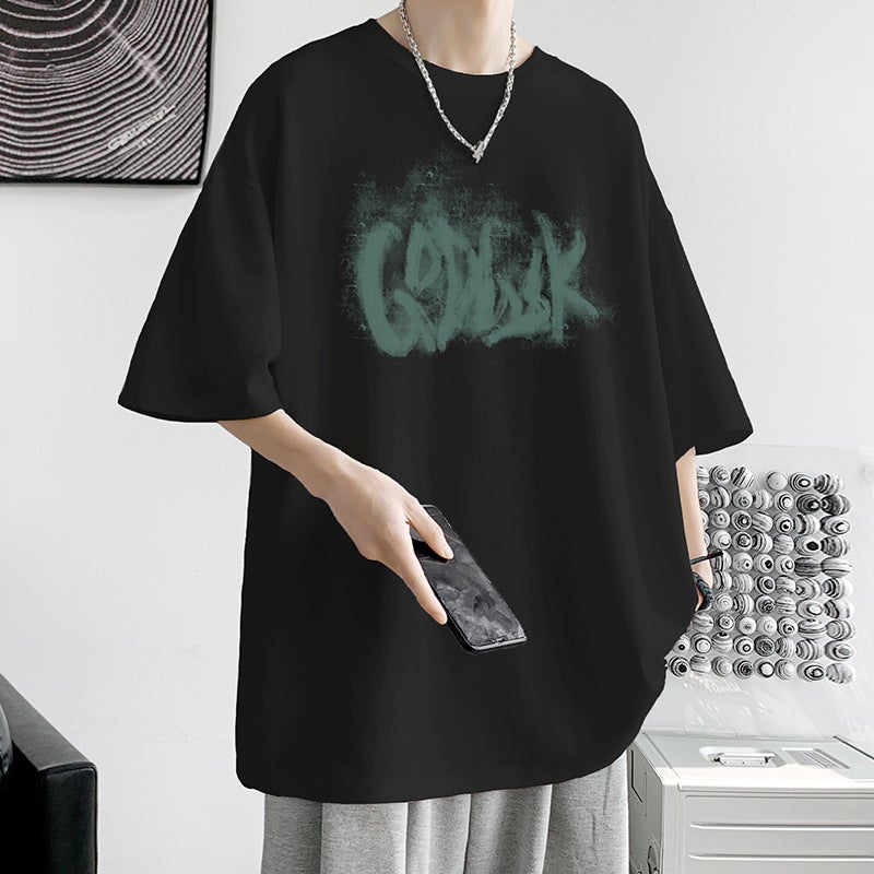 2024 Summer Short-sleeved T-shirt Mens Loose Trendy Ins Hong Kong Style All-match T-shirt Top Plus Size Half-sleeve Top for Chubby Black T126 Mixed Letter GK 