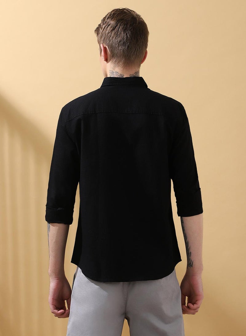 Dennis Lingo Men's Black 100% Cotton Textured Button Down Regular FiT-Shirt  - Image 3