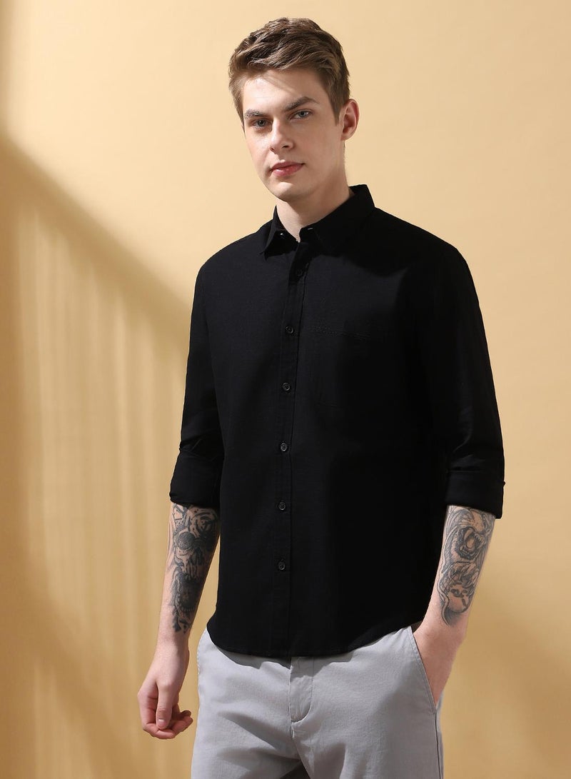 Dennis Lingo Men's Black 100% Cotton Textured Button Down Regular FiT-Shirt  - Image 2