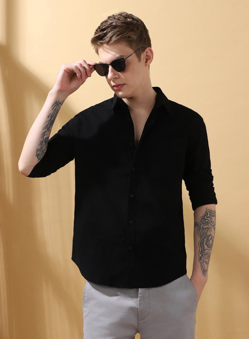 Dennis Lingo Men's Black 100% Cotton Textured Button Down Regular FiT-Shirt  - Image 1