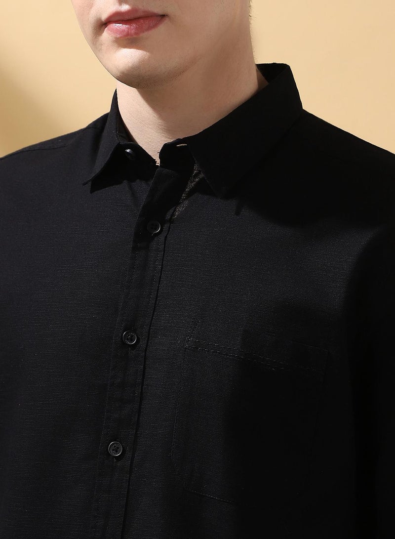 Dennis Lingo Men's Black 100% Cotton Textured Button Down Regular FiT-Shirt  - Image 5