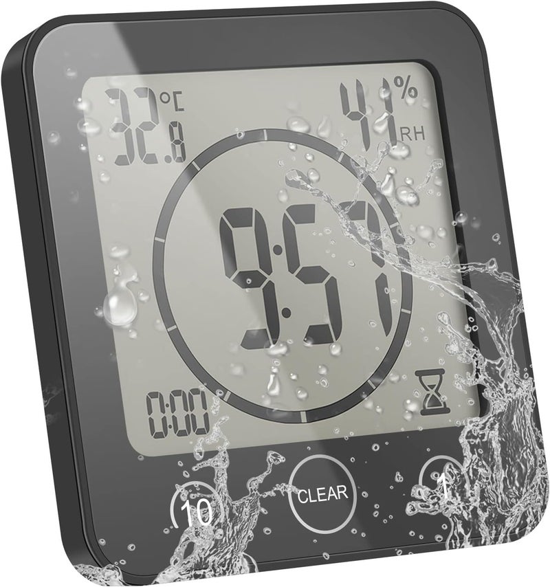 ALLOMN Shower Clock, Waterproof Bath Clock (Celsius/Fahrenheit), Humidity Display and Bath Timer, Wall Clock for Bathroom with Touch Control, Waterproof Timer for Cooking in The Shower - Image 1