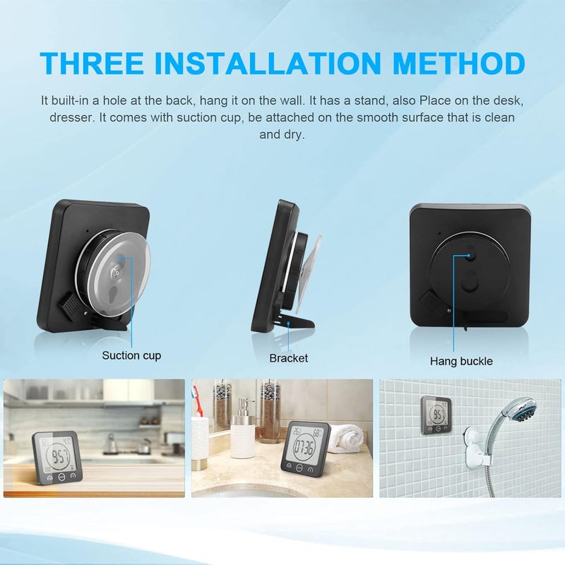 ALLOMN Shower Clock, Waterproof Bath Clock (Celsius/Fahrenheit), Humidity Display and Bath Timer, Wall Clock for Bathroom with Touch Control, Waterproof Timer for Cooking in The Shower - Image 4