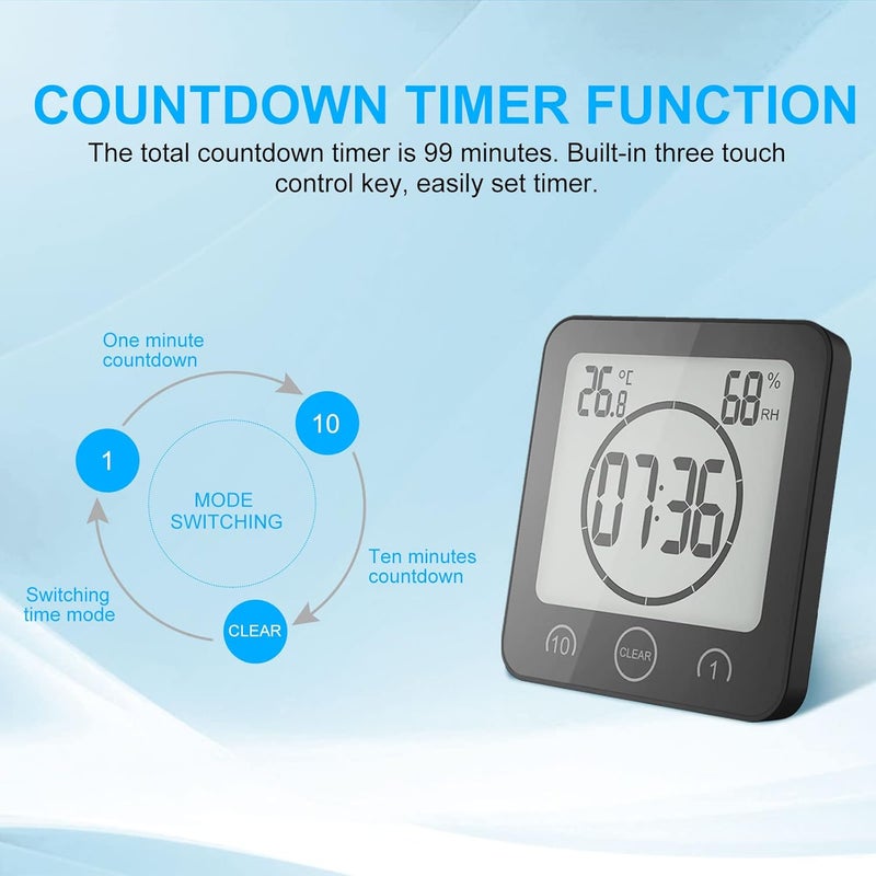 ALLOMN Shower Clock, Waterproof Bath Clock (Celsius/Fahrenheit), Humidity Display and Bath Timer, Wall Clock for Bathroom with Touch Control, Waterproof Timer for Cooking in The Shower - Image 5