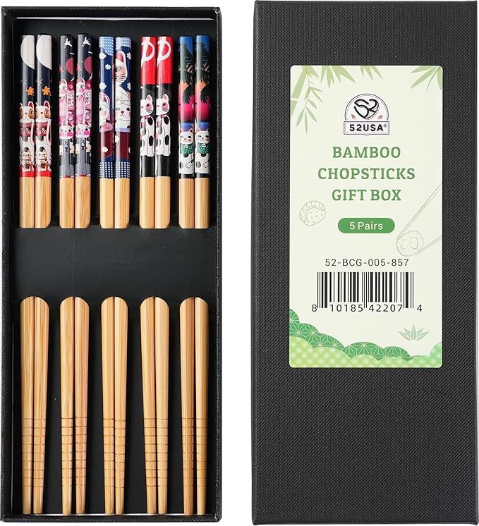 52USA Bamboo Chopsticks, Reusable with Case, Dishwasher Safe, 5 Pairsâ€“Natural Wooden Chopsticks Gift Set for Sushi, Noodles, Ramen & Asian Cuisine, Classic Japanese Chop sticks Gift Box, 9 Inch/22.9cm - Image 1