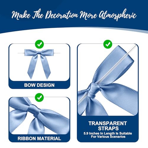 Sokfone Satin Ribbon Dusty Blue Bow Decor 2.5" Premade Dusty Blue Twist Tie Bows for Gift Wrapping Bow for Treat Bags Party Favors Wedding Decorations - 50 Counts - Image 4