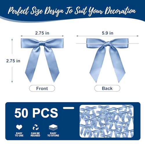 Sokfone Satin Ribbon Dusty Blue Bow Decor 2.5" Premade Dusty Blue Twist Tie Bows for Gift Wrapping Bow for Treat Bags Party Favors Wedding Decorations - 50 Counts - Image 3
