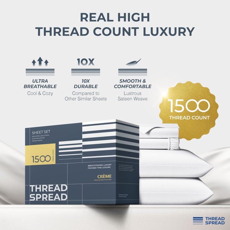THREAD SPREAD 100% Egyptian Cotton King Size Sheets Set - Luxury 1500 Series Egyptian Cotton Sheets King Size (4 PC, White), Silky Soft, Sateen Weave, Cooling & Breathable, 17" Deep Pocket Bed Set - Image 2