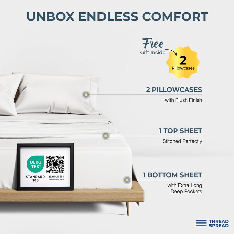 THREAD SPREAD 100% Egyptian Cotton King Size Sheets Set - Luxury 1500 Series Egyptian Cotton Sheets King Size (4 PC, White), Silky Soft, Sateen Weave, Cooling & Breathable, 17" Deep Pocket Bed Set - Image 3