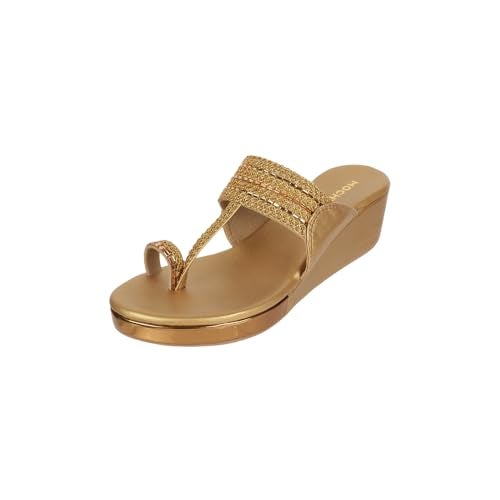 Mochi Women's Antique Gold Synthetic Sandals | Slip-On Platform Heel Sandals for Women | Light Weight Embroidered Party Footwear | Round Toe Fashion Sandals | Size UK 5 | Premium Quality Sandals - Image 1