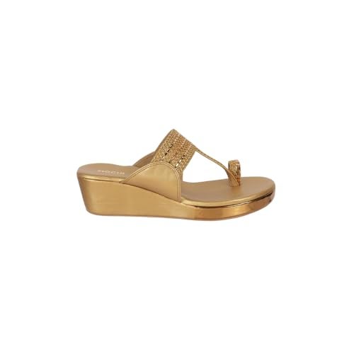 Mochi Women's Antique Gold Synthetic Sandals | Slip-On Platform Heel Sandals for Women | Light Weight Embroidered Party Footwear | Round Toe Fashion Sandals | Size UK 5 | Premium Quality Sandals - Image 4
